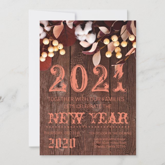 5x7  New Years Eve Invitation Cotton Branch on Dar (Front)