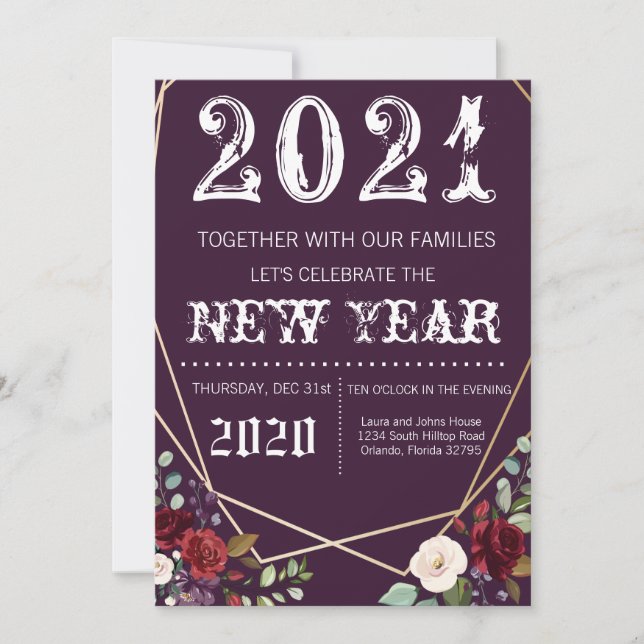 5x7  New Years Eve Invitation Plum Purple Roses Go (Front)