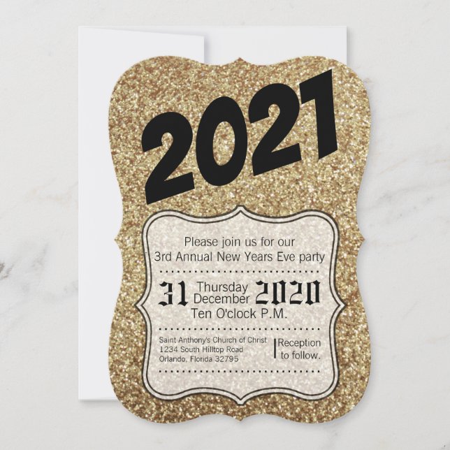 5x7 New Years Eve Party Invitation Gold Glitter (Front)