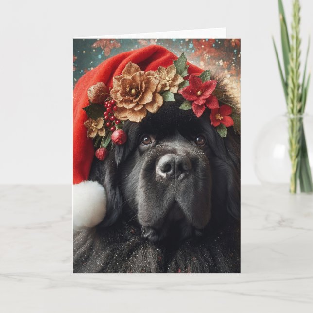 5x7 Newfoundland Dog Vintage Santa Holiday Card (Front)