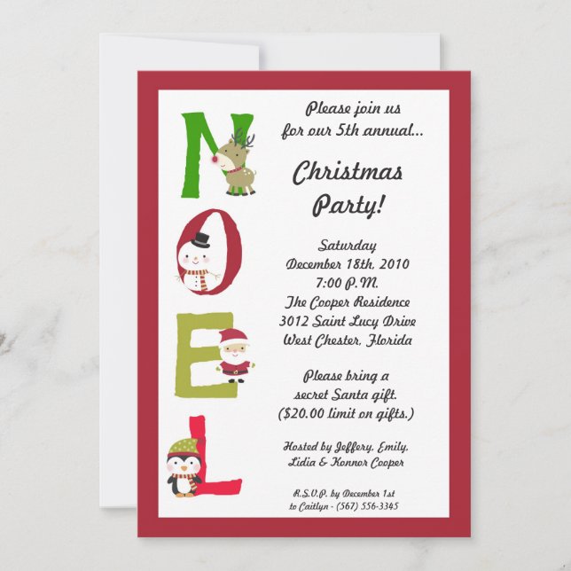 5x7 NOEL Santa Snowman Christmas Party Invitation (Front)