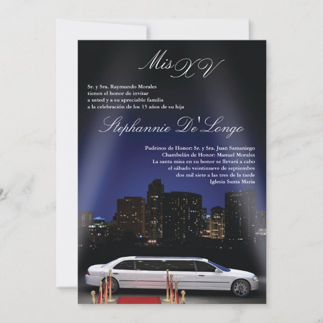 5x7 NY City Limo Quinceanera Birthday Invitation (Front)