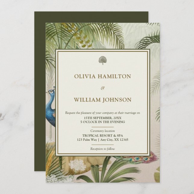 5x7 Olive Green Tropical Peacock Palm Wedding  Invitation (Front/Back)