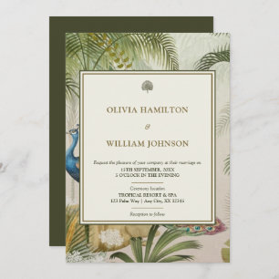 5x7 Olive Green Tropical Peacock Palm Wedding  Invitation