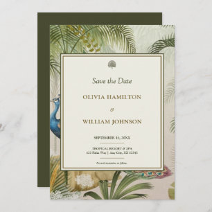 5x7 Olive Green Tropical Peacock Palm Wedding  Save The Date
