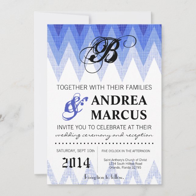 5x7 Ombre Chevron Blue Wedding Invitation (Front)