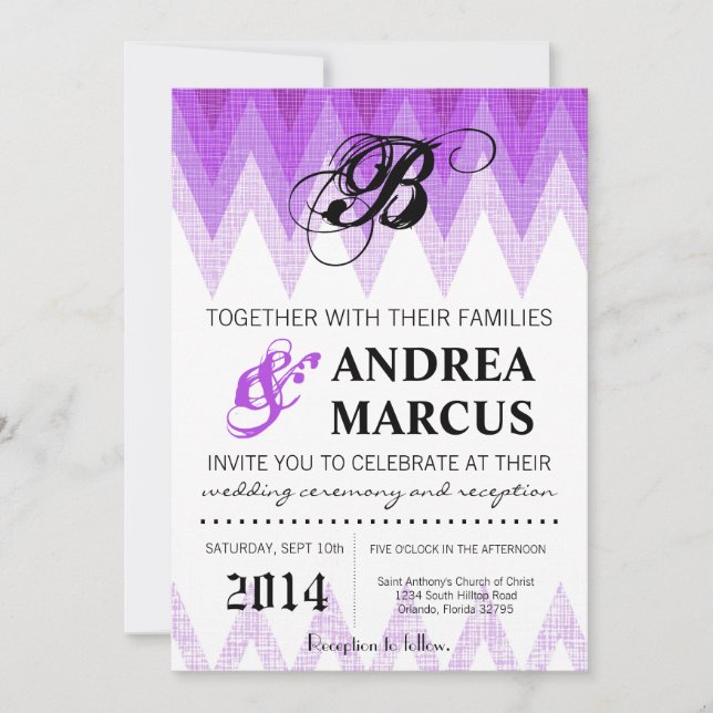 5x7 Ombre Chevron Purple Wedding Invitation (Front)