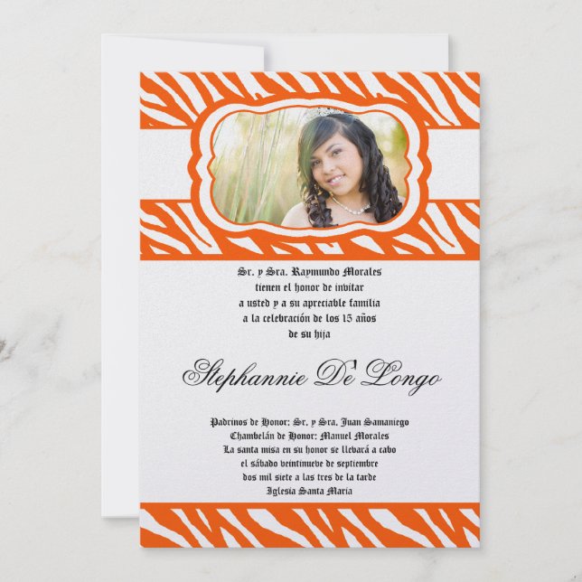 5x7 Oran Zebra Print Patter Quinceanera Invitation (Front)