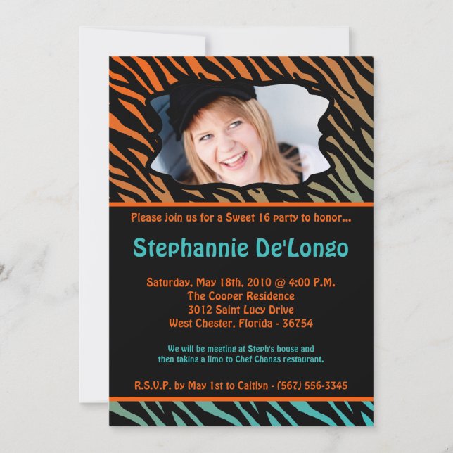 5x7 Orang Zebra PHOTO Sweet 16 Birthday Invitation (Front)