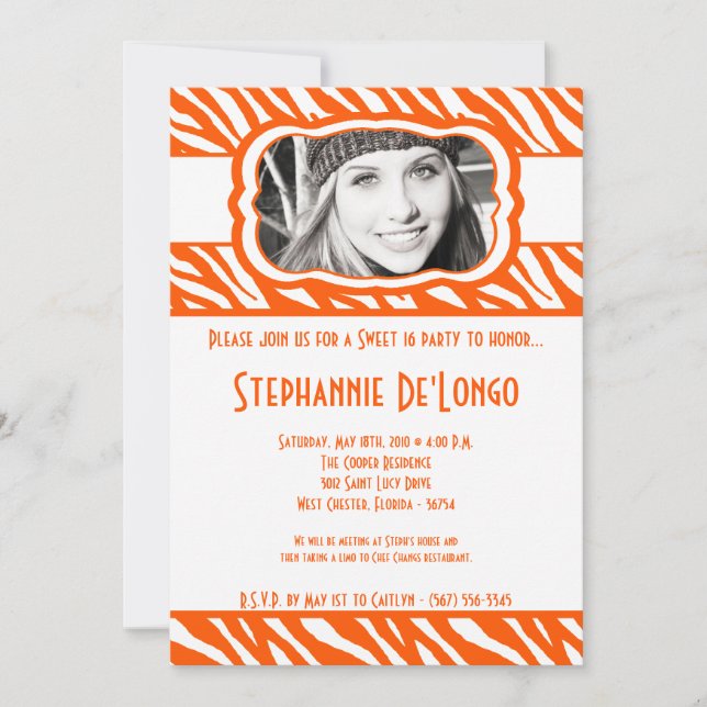5x7 Orang Zebra PHOTO Sweet 16 Birthday Invitation (Front)
