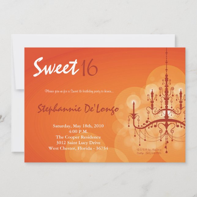 5x7 Orange Chandelier Sweet 16 Birthday Invitation (Front)