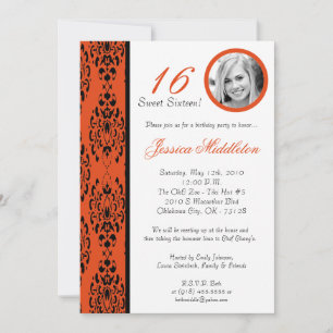 5x7 Orange Damask 16 Birthday Party Invitation