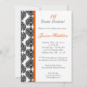 5x7 Orange Damask Lace Birthday Party Invitation