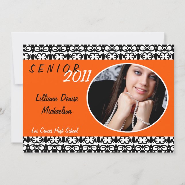 5x7 Orange Damask Photo Senior Announcement (Front)