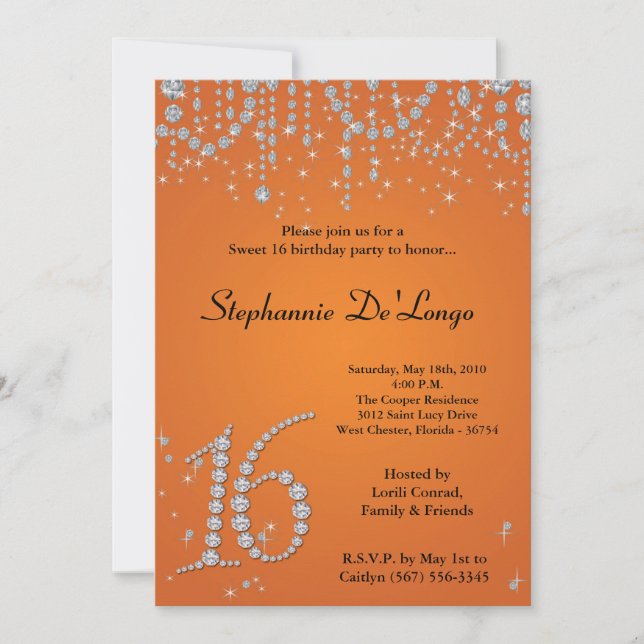 5x7 Orange Diamond Sweet 16 Birthday Invitation (Front)