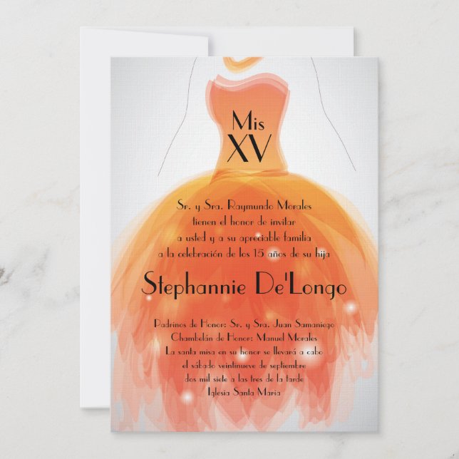 5x7 Orange Dress Quinceanera Birthday Invitation (Front)