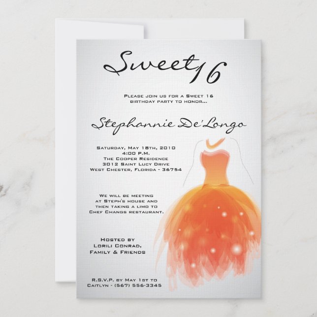 5x7 Orange Dress Sweet 16 Birthday Invitation (Front)