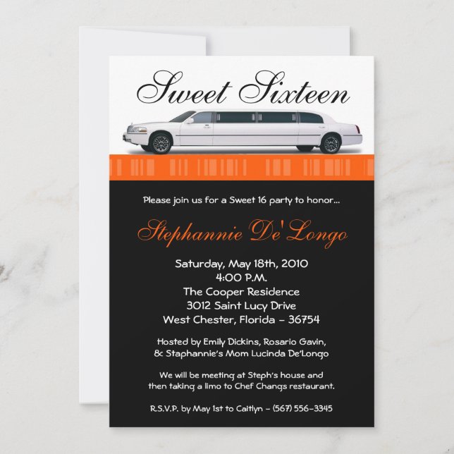 5x7 Orange Limo Sweet 16 Birthday Invitation (Front)