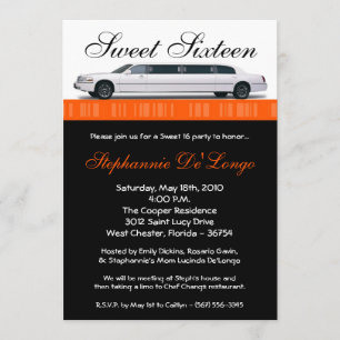 5x7 Orange Limo Sweet 16 Birthday Invitation