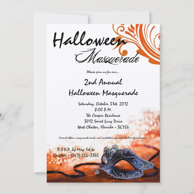 5x7 Orange Masquerade Halloween Costume Invitation (Front)