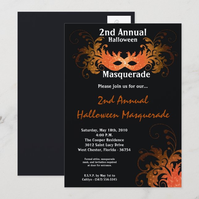 5x7 Orange Masquerade Halloween Costume Invitation (Front/Back)