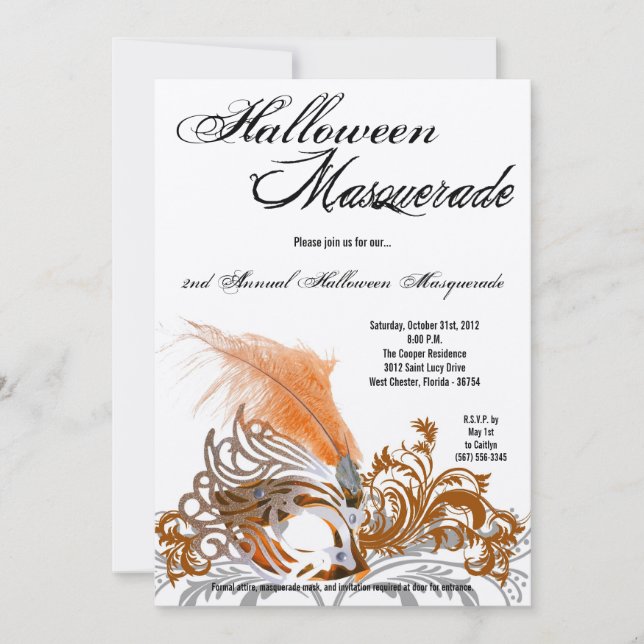 5x7 Orange Masquerade Halloween Costume Invitation (Front)