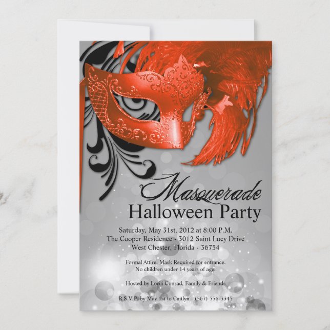 5x7 Orange Masquerade Halloween Invitation (Front)