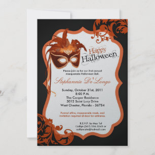 5x7 Orange Masquerade Mask Halloween Invitation