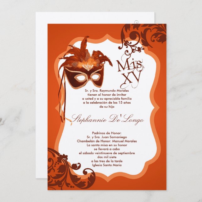 5x7 Orange Masquerade Mask Quinceanera Invitation (Front/Back)