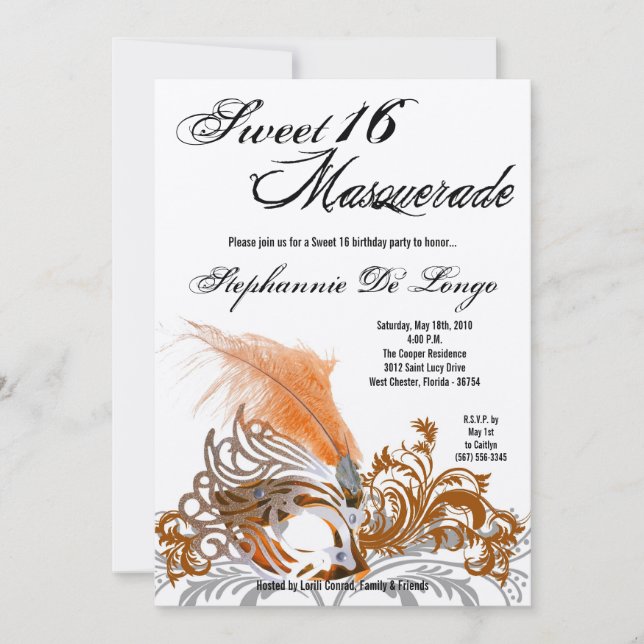 5x7 Orange Masquerade Sweet 16 Birthday Invitation (Front)