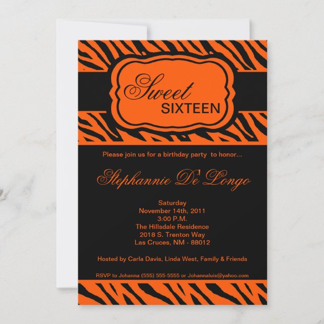 5x7 Orange Zebra Print Birthday Party Invitation (Front)