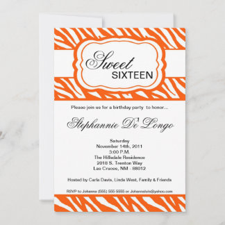 5x7 Orange Zebra Print Birthday Party Invitation