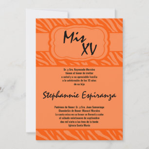 5x7 Orange Zebra Print Quinceanera 15 Invitation