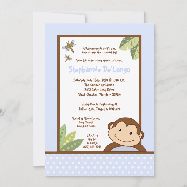 5x7 Papagayo Monkey Safari Baby Shower Invitation (Front)