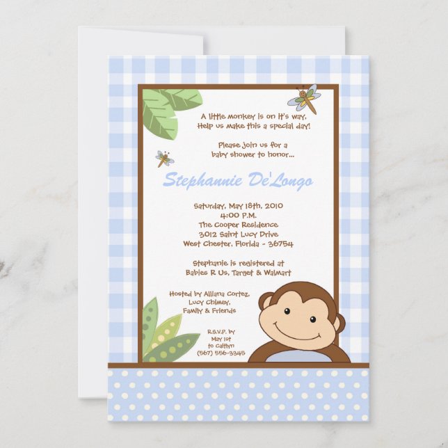 5x7 Papagayo Monkey Safari Baby Shower Invitation (Front)