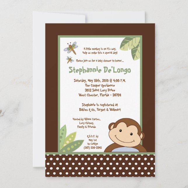 5x7 Papagayo Monkey Safari Baby Shower Invitation (Front)