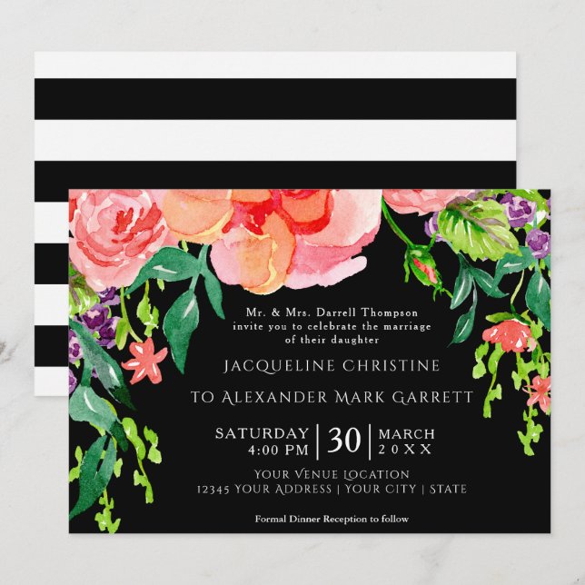 5x7 Paper Modern Watercolor Rose Floral Striped Invitation (Front/Back)