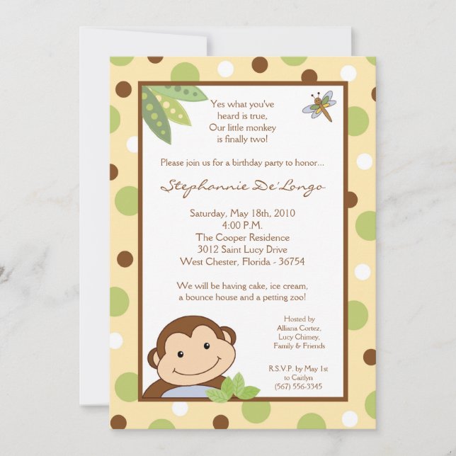 5x7 Papgayo Monkey Jungle Birthday Part Invitation (Front)