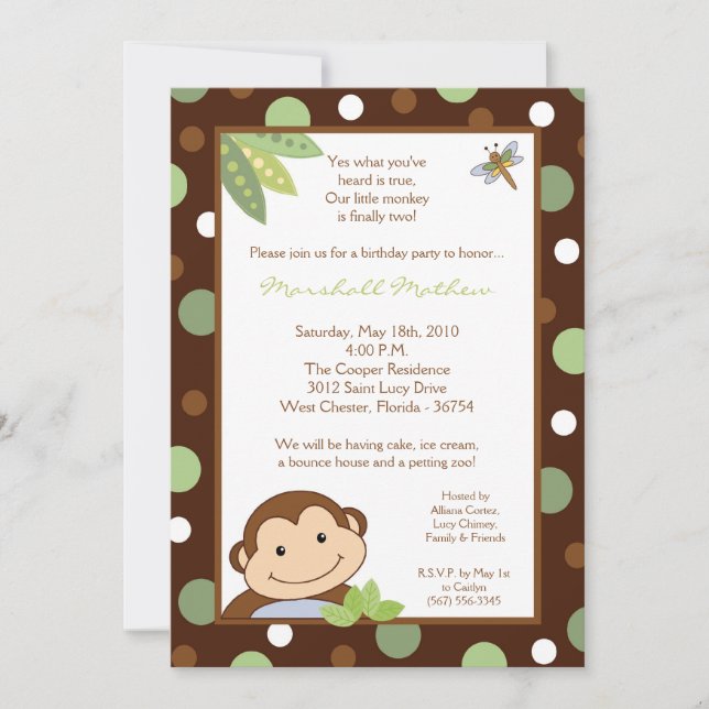 5x7 Papgayo Monkey Jungle Birthday Part Invitation (Front)