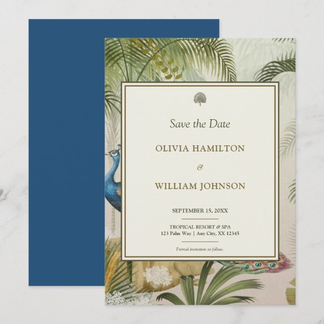 5x7 Peacock Blue Tropical Peacock Palm Wedding  Save The Date (Front/Back)