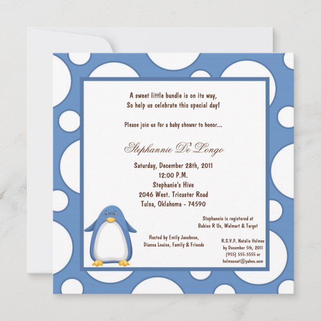 5x7 Penguin Pok-a-Dot Baby Shower Invitation (Front)