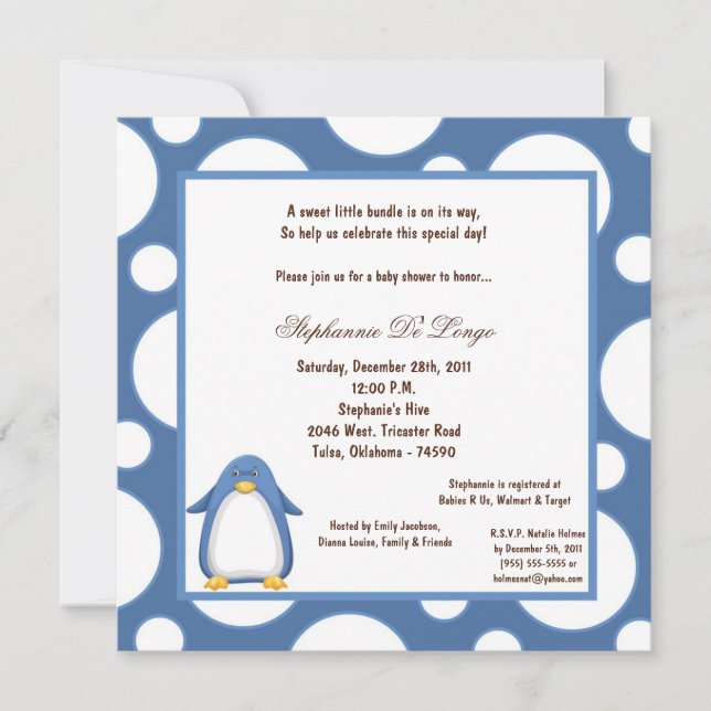 5x7 Penguin Pok-a-Dot Baby Shower Invitation (Front)