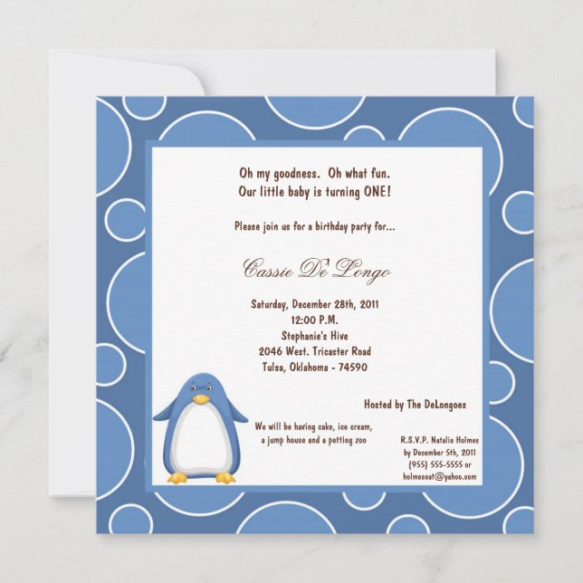 5x7 Penguin Pok-a-Dot Birthday Party Invite (Front)
