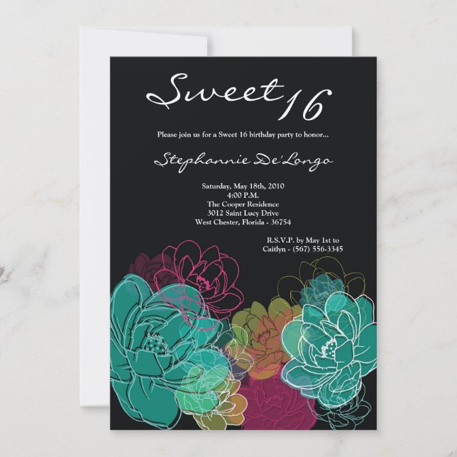 5x7 Peony Flower Sweet 16 Birthday Invitation (Front)