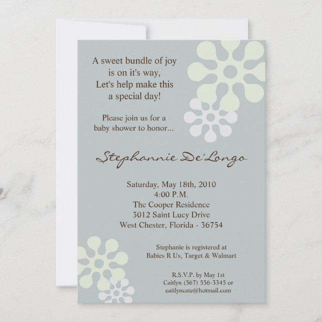 5x7 Perwinkle Blue Flower Baby Shower Invitation (Front)
