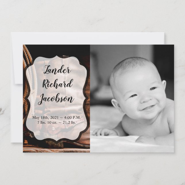 5x7 Photo Birth Announcement Army Cowboy Boots Bar (Front)