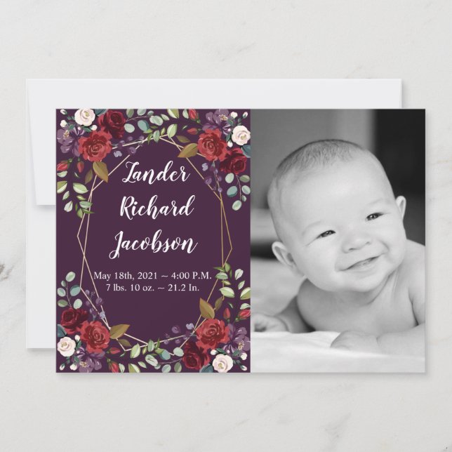 5x7 Photo Birth Announcement Army Plum Purple Rose (Front)
