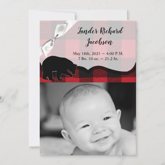 5x7 Photo Birth Announcement Army Red Buffalo Bear (Front)