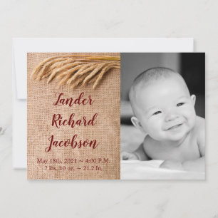 5x7 Photo Birth Announcement Army Wheat on Burlap