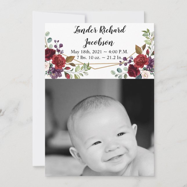 5x7 Photo Birth Announcement Army White Roses Gold (Front)